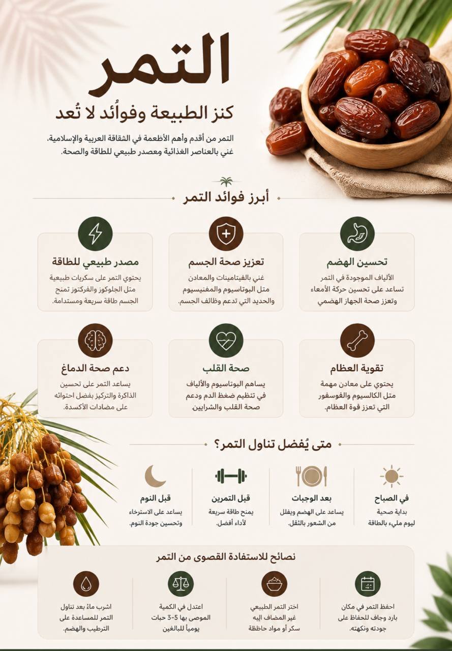 فوائد التمر الصحية للجسم والطاقة والمناعة في تصميم انفوجرافيك جذاب.